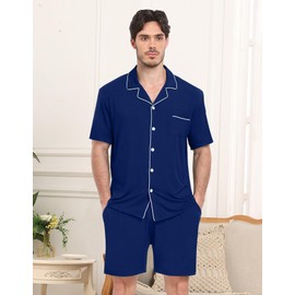 YOPUGEE Matching Pajamas Set for Couples Women Men Short Sleeve Sleepwear Button Down 2 Pcs Loungewear,Navy Blue-XL