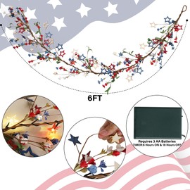 DR.DUDU 4th of July 6ft Garland with Timer, Independence Day Decor Lighted Vine Branch Garland Patriotic Red White Blue Star Ornaments and LED Twigs for Mantel Fireplace