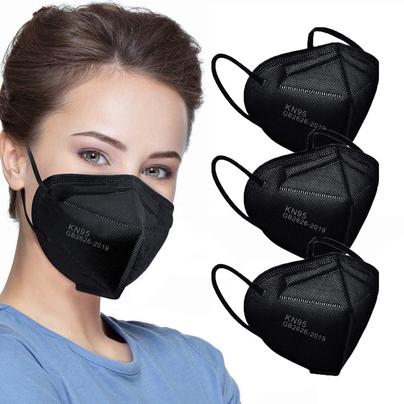 LEMENT 50pcs KN95 Face Mask Black 5 Layer Cup Dust