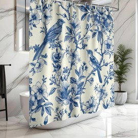 Sufeasdf Chinoiserie Shower Curtain, Blue Shower Curtains for Bathroom, Vintage Botanical Bird Bathroom Decor, Waterproof Polyester Fabric Hotel Quality Shower Curtain With12 Hooks, 72 "X72