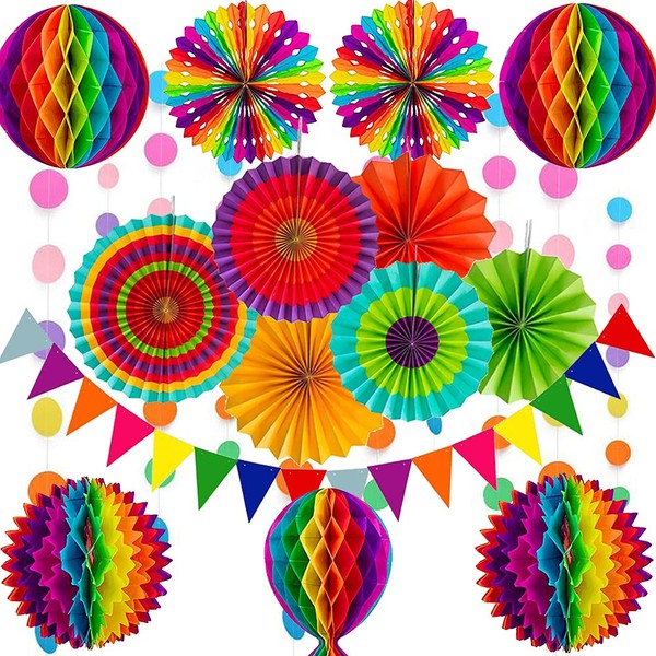 Cojoy Multicolor Party Decoration Set, Rainbow Color Paper Fans Honeycomb Paper Banner Pom Pom Flowers Polka Dot String for Birthday, Wedding, Fiesta Party Decoration