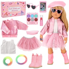 11 Pcs American 18 Inch Doll Clothes & Makeup Accessories Include Beret T-Shirt Jacket Skirt Boots Phone Doll Makeup Playset Eye Shadow Lipstic for 18 Inch Girl Dolls (NO Dolls)