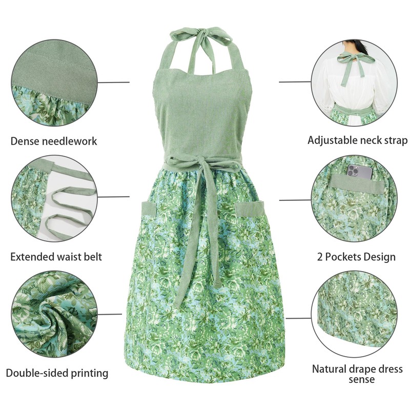 HYVOROS Cute Floral Aprons for Women with Pockets,Cotton Adjustable Neck