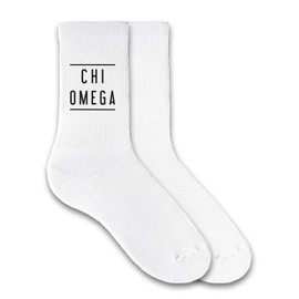 Sorority Name Printed in Black on White Ladies Crew Socks (Chi Omega)
