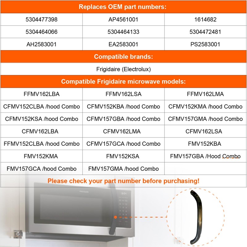 Generic Aftermarket Compatible Microwave Handle for Frigidaire FFMV162LSA, FFMV162LBA, FFMV162LMA