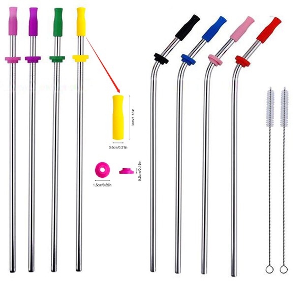 10pcs Reusable Metal Stainless Steel Straws 10.5'' with Silicone Tips & Buckle drinking straw for 20-40 Oz RamblersTumblers Rumblers Cold Beverage, Ultra Long(10.5 inch)