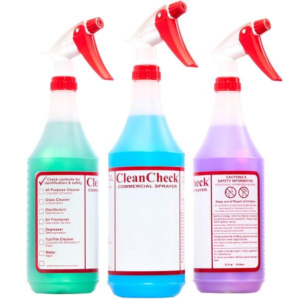 Extra Safe, Bilingual MSDS Spray Bottles 3 Pack. Large, Empty 32 Oz Bottle Perfect for Professional Cleaning Solutions, Sanitizers or Household Cleaners. Best Heavy Duty Plastic Bottle With Data Sheet