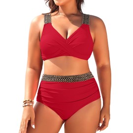 Tempt Me - Conjunto de bikini de talle alto para mujer, de dos piezas, con control de abdomen, Rojo -, 16 Plus