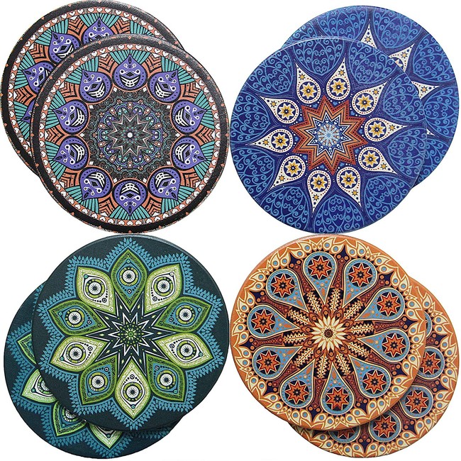 Absorbent Coaster For Drinks - 8 Pack Large 4.3" Size Ceramic Thirsty Stone With Cork Back To Fit Bigger Cup, 2 COASTERS For Each Design No Holder - 4 Pretty Mandala Patterns Make A Stylish Home Decor