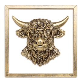 Newinhome Animal Heads Wall Decor (Includes Metal Frame) Resin Animals Sculptures Head Wall Hanging Decoration Gold vintage Wall Sculpture for Living Room Bedroom Office(Highland cattle)