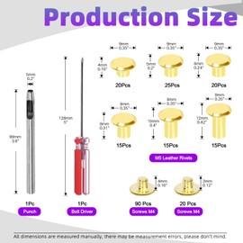 Swpeet 110 Set 6 Sizes M5 x 4mm/5mm/6mm/8mm/10mm/12mm Gold Leather Rivets Chicago Binding Screws with Install Tools Assortment Kit, Screw Rivets M5 Chicago Binding Screws for Repair Leather