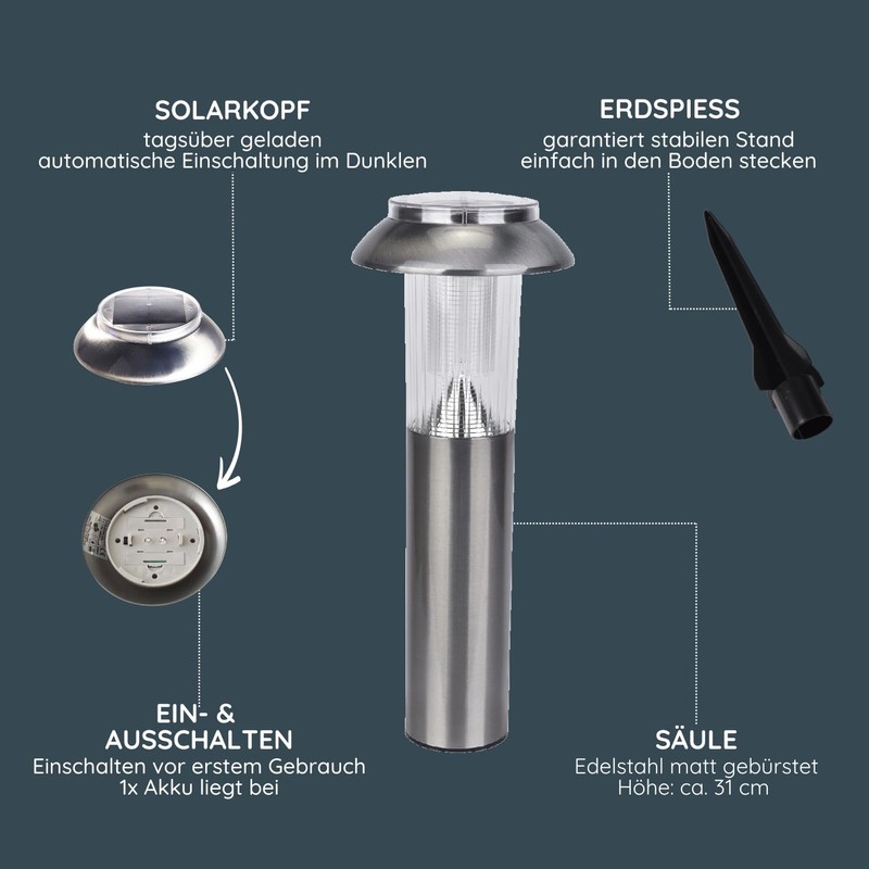 MeLiTec SO06-1 Solar Garden Light Brushed Stainless Steel Matt