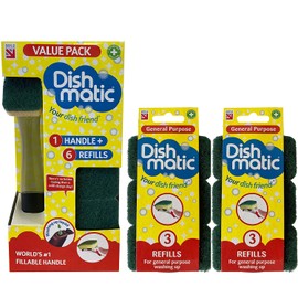 Dishmatic Fillable Washing Up Brush and Sponge - Value Pack, Includes 6X Replaceable Sponge Head Refills- with 6X Dishmatic General Purpose Brush Refills