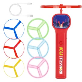 HOMQYTE Rechargeable Disc Launcher with 6 Flying Spinners for Outdoor Activities Game White Elephant Gift Fidget Toys (Red)