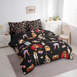 Music Bedding Set Twin Size Girls Singer Bed in a Bag Gifts for Women Music Lovers Guitar Comforter Set 7 Pieces Coworker Sister Friends Bed Set with Comforter, Sheets, Pillowcase, Cushion Cover Black