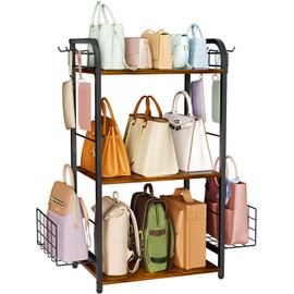 Purse Organizer with Side Hooks and Baskets for Purse Storage, Floor-Standing 3-Tier Purse Rack with Adjustable Feet, High-Capacity Bag Organizer for Closet, Iron and Wood Purse Holder, Rustic Black