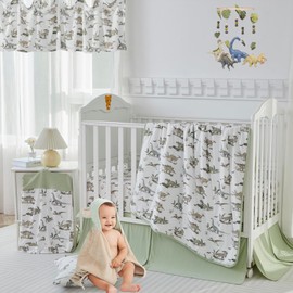 Brandream Stretch Ultra Soft Jersey Knit Baby Boys Crib Bedding Set, 6 Pieces, Pretty Ancient Dinosaurs Classic Pattern Nursery Toddler Crib Bed Quilt Sheet Skirt Window Valance Set,Green