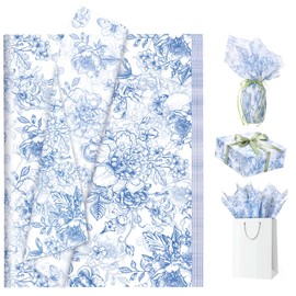 120 Sheets Blue Floral Tissue Paper Vintage Blue Tissue Paper Bulk for Gift Bags Flowers Packaging Baby Shower Wedding Birthday Party Decor, 14 x 20 Inch