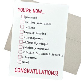 Funny Congratulations Card with Envelope (5X7 Inches and Blank Inside for All Occasions) Silly checklist for pregancy, retirement, new grandparent, newly single, new job, housewarming and others - 265