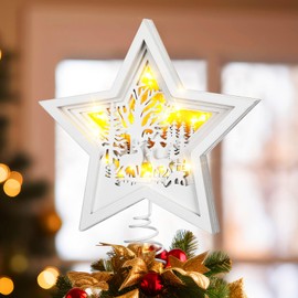 Beeveer Christmas Tree Star Topper 10 x 8.7 Inch Lighted 3D Wooden Reindeer Star Tree Topper with LED Light Christmas Tree Decoration for Xmas Decor Ornaments Housewarming Birthday Gift