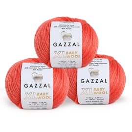 3 Pack (Ball) Gazzal Baby Wool XL Total 5.28 Oz / 328 Yrds, Each Ball 1.76 Oz (50g) / 109 Yrds (100m) Super Soft, Medium-Worsted Yarn, 40% Lana Merino 20% Cashmere Type Polyamide, Red - 819
