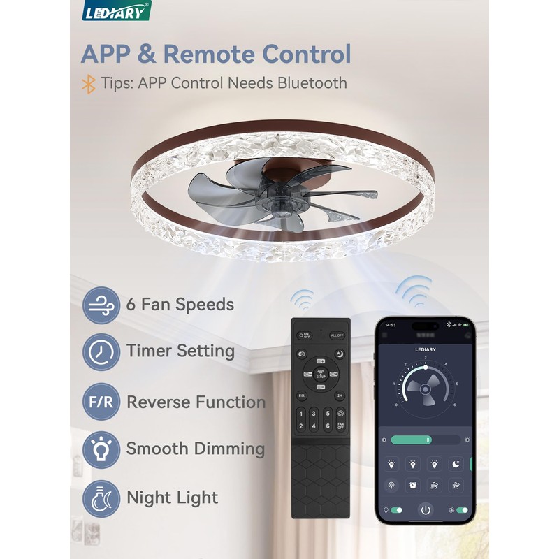 LEDIARY 20" Modern Ceiling Fans with Lights and Remote, Dimmable