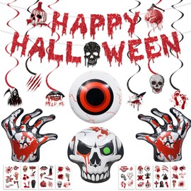 Chilfamy Halloween Party Decorations - Blood Happy Halloween Banner, Horror Hanging Decors, Skull Eyes Severed Hands Foil Balloons, Scary Tattoo Stickers for Home Office Helloween Theme Party Events