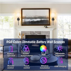 Nekhung Battery Operated Wall Sconces Set of 2, Wireless Wall Sconce with Remote, Battery Operated Wall Lights Fabric Shade, 50 Hours Long Life Rechargeable Blub RGB Dimmable,Perfect Indoor Lighting