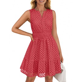 ZESICA Women's Summer Sleeveless Mini Dress V Neck Hollow Out Eyelet High Waist A Line Swing Short Party Dresses,Watermelon,Large
