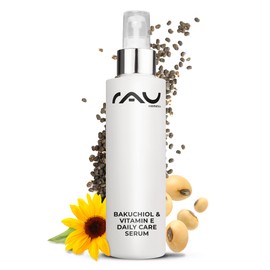 RAU Cosmetics Bakuchiol & Vitamin E Anti-Ageing Serum Daily Care Serum 100 ml - Day Care Concentrate with UV Protection - Anti Wrinkles for Men & Women - For Blemish, Dry, Mature Skin & Combination