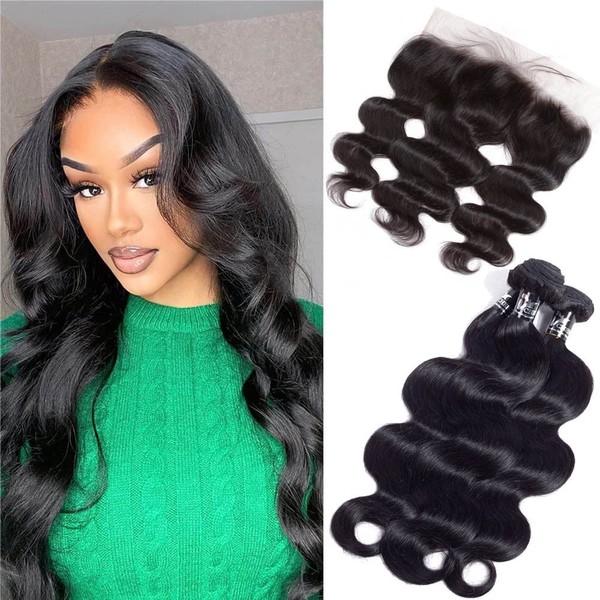 TOOCCI Body Wave Bundle with Frontal, Body Wave Bundles Weave with 13 x 4 Ear To Ear Lace Frontal Brazilian Virgin Human Hair with Baby Hair Black Hair Extension (12 12 12 + 8frontal)