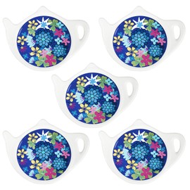 SOCOSY Ceramic Tea Bag Coasters Spoon Rests Teabag Resting Caddy Holder Saucer Set, Tea Coffee Accessories, Seasoning Dishes, Keep Your Tea Time Tidy and Organized-Blue Flowers-5 PCS