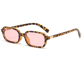 Laurinny Retro Rectangle Sunglasses for Women Men Vintage 90s Square Narrow Rectangular Sunglasses(Leopard/Pink)