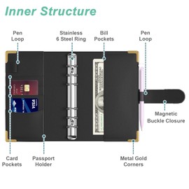 Hnogri Budget Binder with Zipper Envelopes, A6 Money Saving Binder Cash Envelopes for Budgeting, PU Leather Budget Planner Money Organizer for Cash Bills, Floral Budget Wallet for Women, Grey Marble
