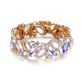 Flyonce Bridal Bracelet for Wedding Marquised Rhinestone Crystal Elastic Stretch Bracelets for Women Iridescent Clear AB