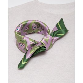 MayTree Silk Scarf, Colourful Neckerchief for Women, 100% Mulberry Silk, Square Dots, Small, 53 x 53 cm, White / Black, Purple Green