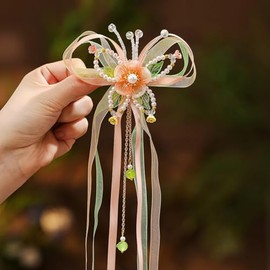 Tassel Hair Clips, Pearls Butterfly Flower Hair Clips With Long Tassel Ribbon, Chinese Hanfu Traditional Floral Hair Pins Hair Accessories (Orange)