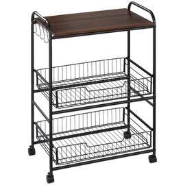 HOMCOM 3 Tier Kitchen Cart with Storage, Rolling Kitchen Island Cart with 2 Sliding Fruit Basket and Side Hooks for Dining Room, Walnut