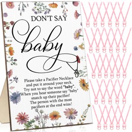 Geetery 51 Pcs Don't Say Baby Game Sign Floral Baby Shower Game, Wooden Don't Say Baby Sign 50 Pcs Plastic Baby Pacifier Necklaces Baby Gift Sets Gender Reveal Party Favors for Baby Game (Wildflowers)