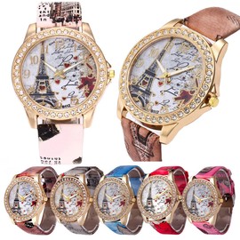 CdyBox Wholesale PU Leather Strap Watch 6 Pack Mother Day Gift Bling Rhinestone Accented Eiffel Tower Ladies Women Watches