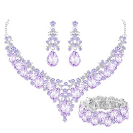 Paxuan Elegant Bridal Wedding Jewelry Set for Women / Brides / Bridesmaids Teardrop Crystal Leaf Cluster Jewelry Set for Wedding Prom Party Bridal Bridesmaids Rhinestone Crystal Necklace Earrings Bracelet Set (Violet(Silver))