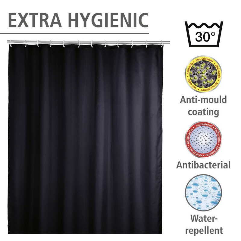 WENKO 20043100 Antimould shower curtain singlecolour Black antibacterial, washable, Plastic