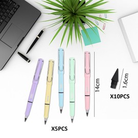 5 Pieces Inkless Pencils and 10 Pieces Replacement Pen Tips, Eternal Pencils with Eraser, Infinite Pencils with Replaceable Tips, Unlimited Inkless Pencils for School, Office, Calligraphy