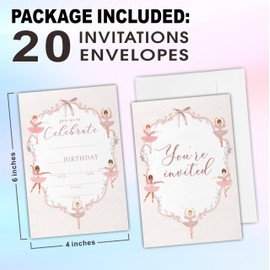 dsjaidh Ballerina Theme Party Birthday Invitation Cards With Envelopes - Pink Ballet Dancing - 20 Pcs Adorable Double-Sided Fill-In Birthday Invites For Girls, Party Favor & Decorations - B14