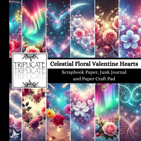 Celestial Floral Valentine Hearts Scrapbook Paper, Junk Journal and Paper
