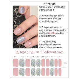 Semi Cured Gel Nail Strips, （Pink Glitter） 20pcs Gel Nail Stickers Work with UV, Easy to Use and Remove
