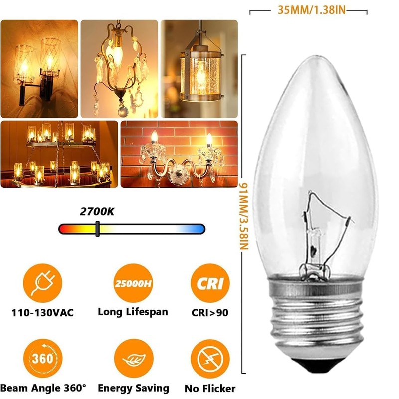 40W Incandescent Chandelier Bulbs - Crystal Clear, Torpedo Tip, Medium