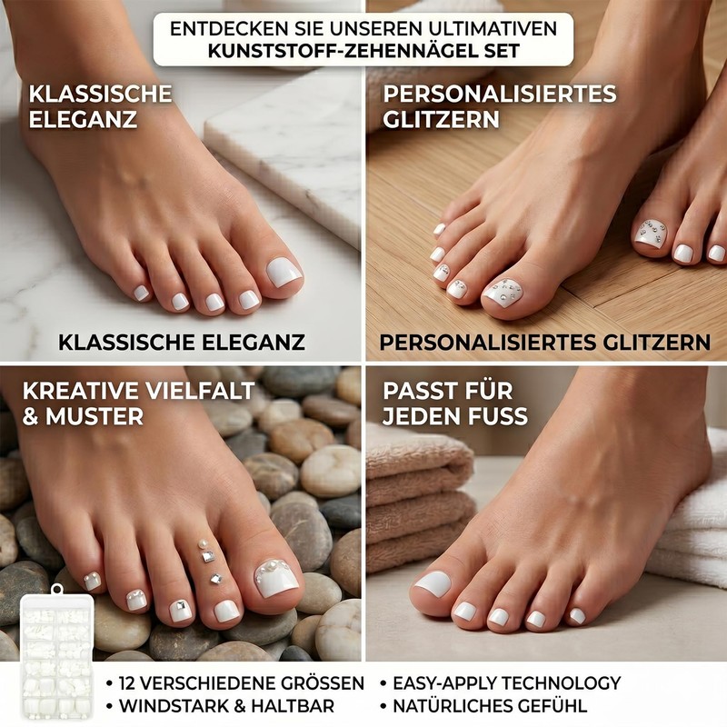 Pack of 120 Glue-On Artificial Toenails - White Square Natural