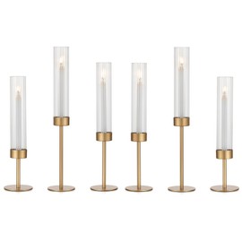 Glasseam Hurricane Glass Candle Holders: Gold Taper Candle Holders Set of 6 Tall Candle Stick Holder with Ribbed Glass Cylinder Sleeve Modern Candlestick Holder for Table Centerpiece Christmas Decor