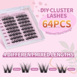 Lash Clusters D Curl 10-14mm Mixed DIY Eyelash Extensions 64PCS Cluster Lashes Individual Eyelash Reusable Wispy Natural Lash Extensions DIY at Home(Camellia)